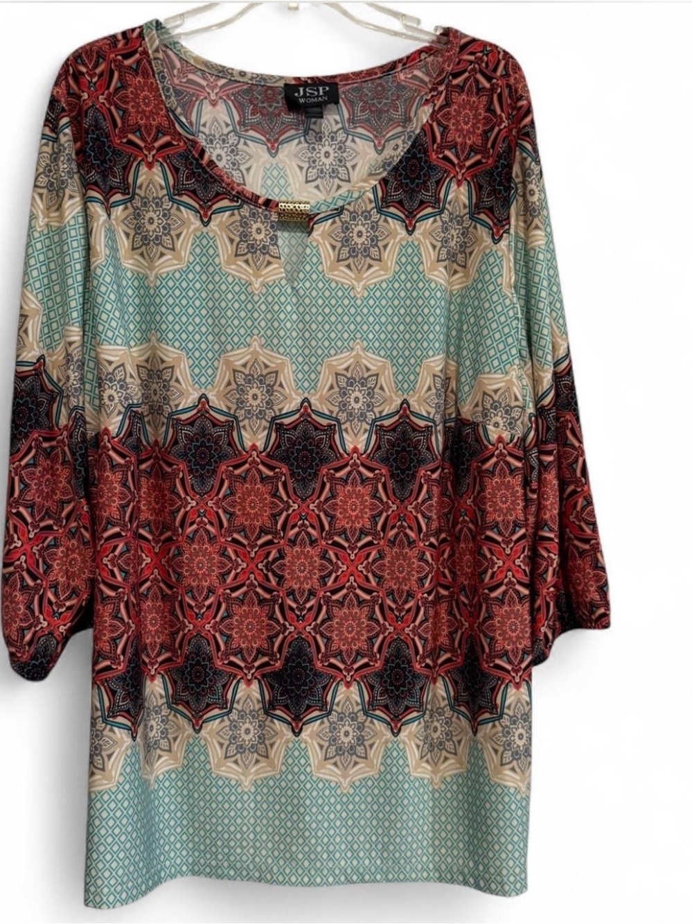 JSP Woman 3/4 sleeve blouse with r mandala-style geometric pattern-1X- Key Hole